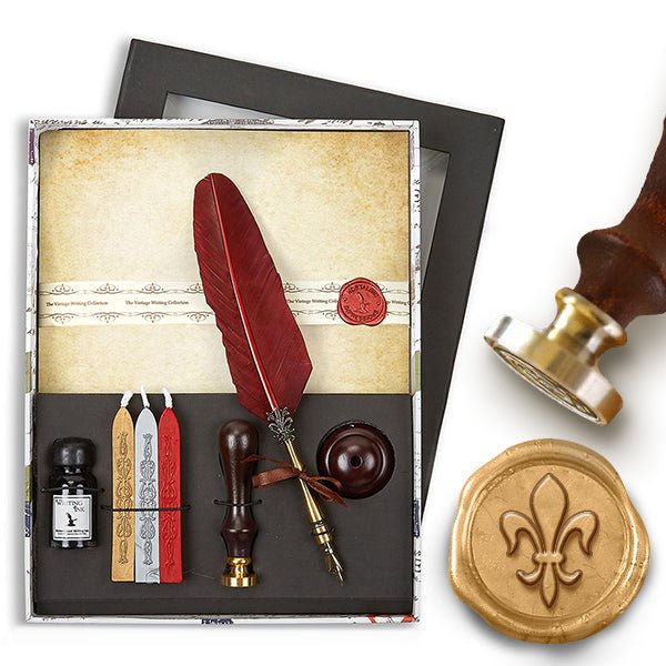 Parchment Stationery Wax Seal Set with Burgundy Quill Pen, Ink, Pen Stand & Sealing Wax-Choice of Initial or Design
